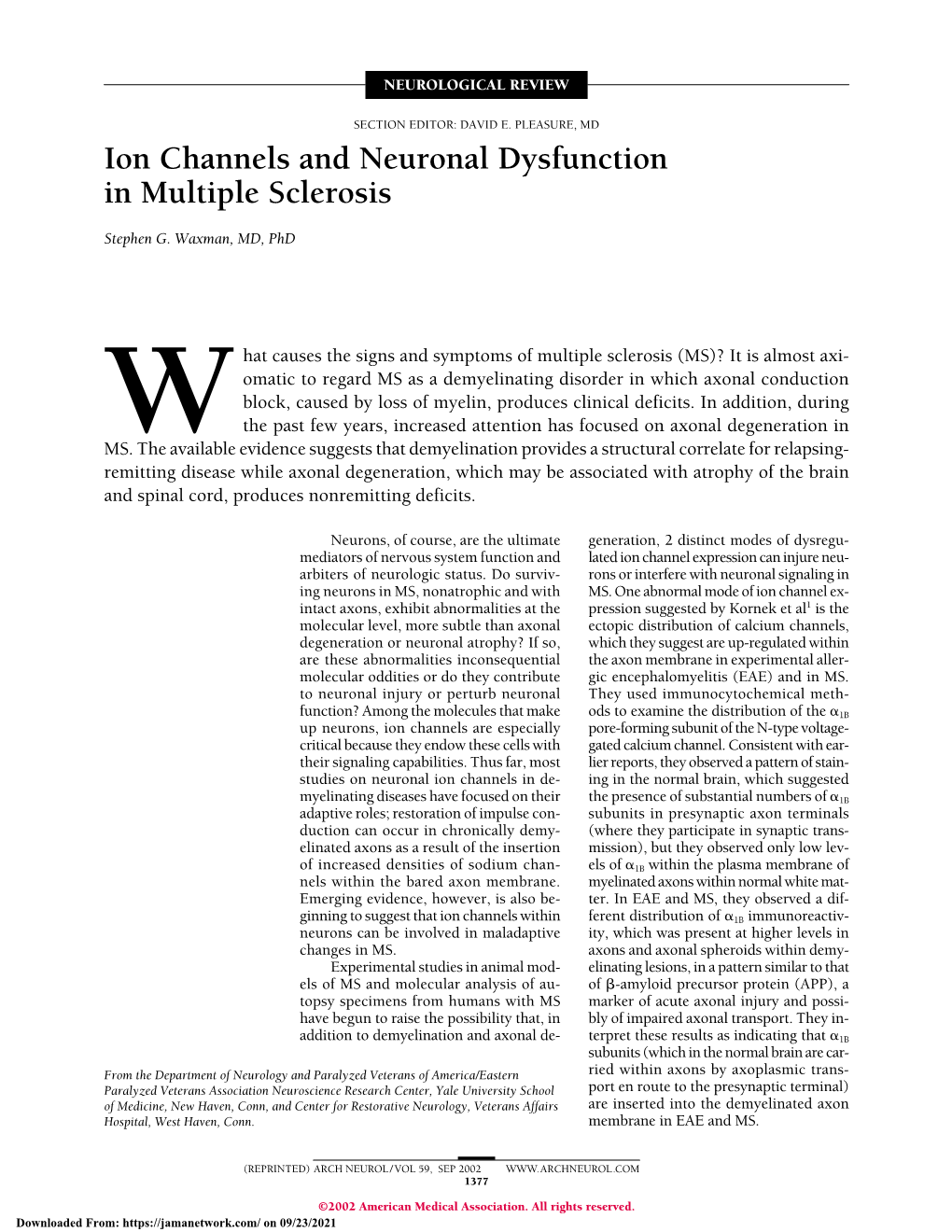 Ion Channels and Neuronal Dysfunction in Multiple Sclerosis