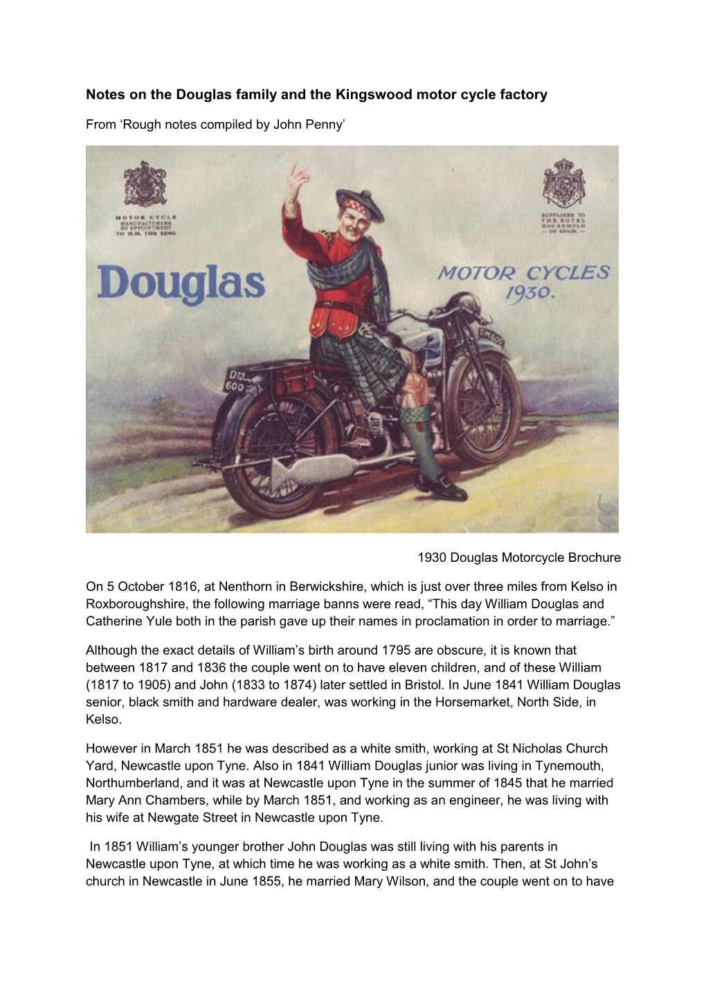 Notes on the Douglas Family and the Kingswood Motor Cycle Factory