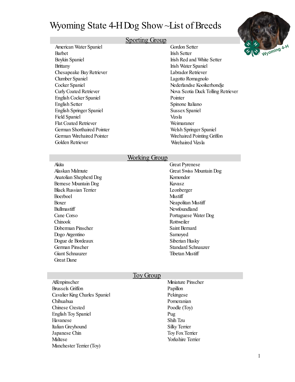 Wyoming State 4H Dog Show List of Breeds DocsLib