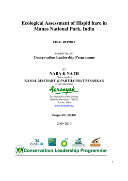 Ecological Assessment of Hispid Hare in Manas National Park, India
