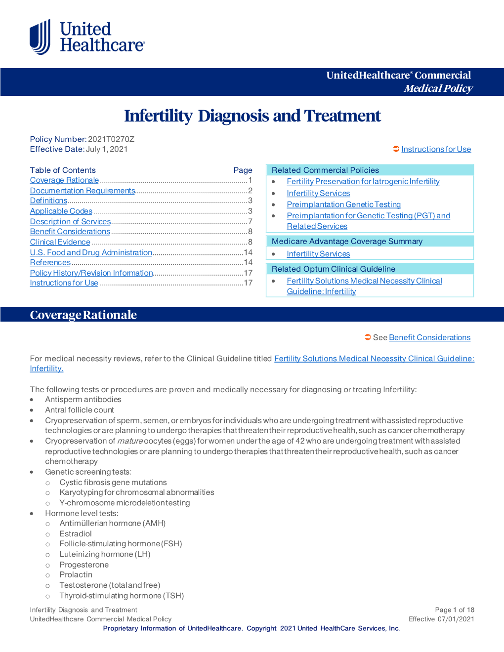 Infertility Diagnosis and Treatment – Commercial Medical Policy