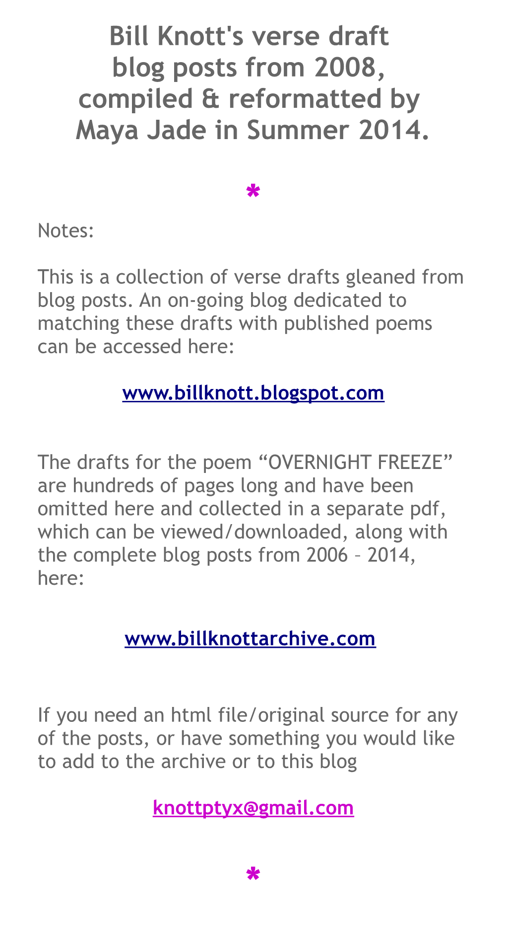 Bill Knott Verse Drafts 2008