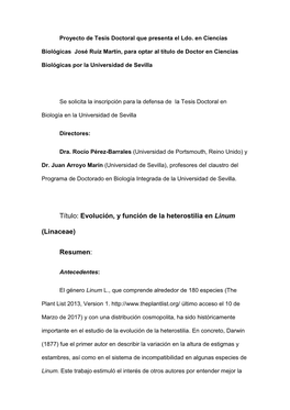 Evolución, Y Función De La Heterostilia En Linum (Linaceae) Resumen