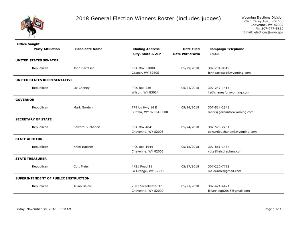 General Election Winners Roster Wyoming Elections Division (Includes Judges) 2020 Carey Ave., Ste 600 Cheyenne, WY 82002 Ph