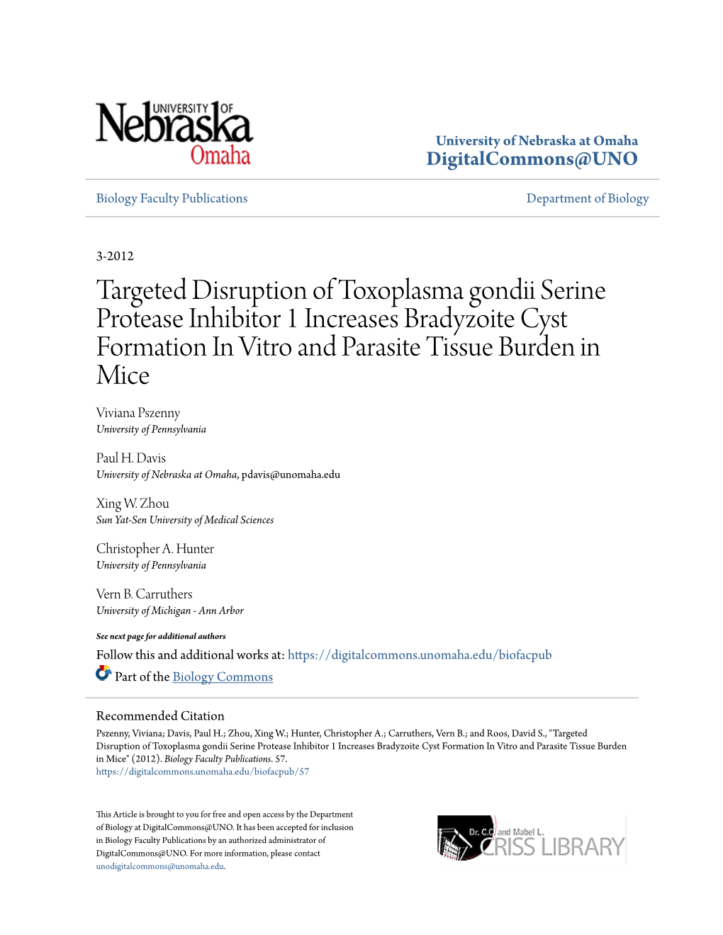 Targeted Disruption of Toxoplasma Gondii Serine Protease Inhibitor 1