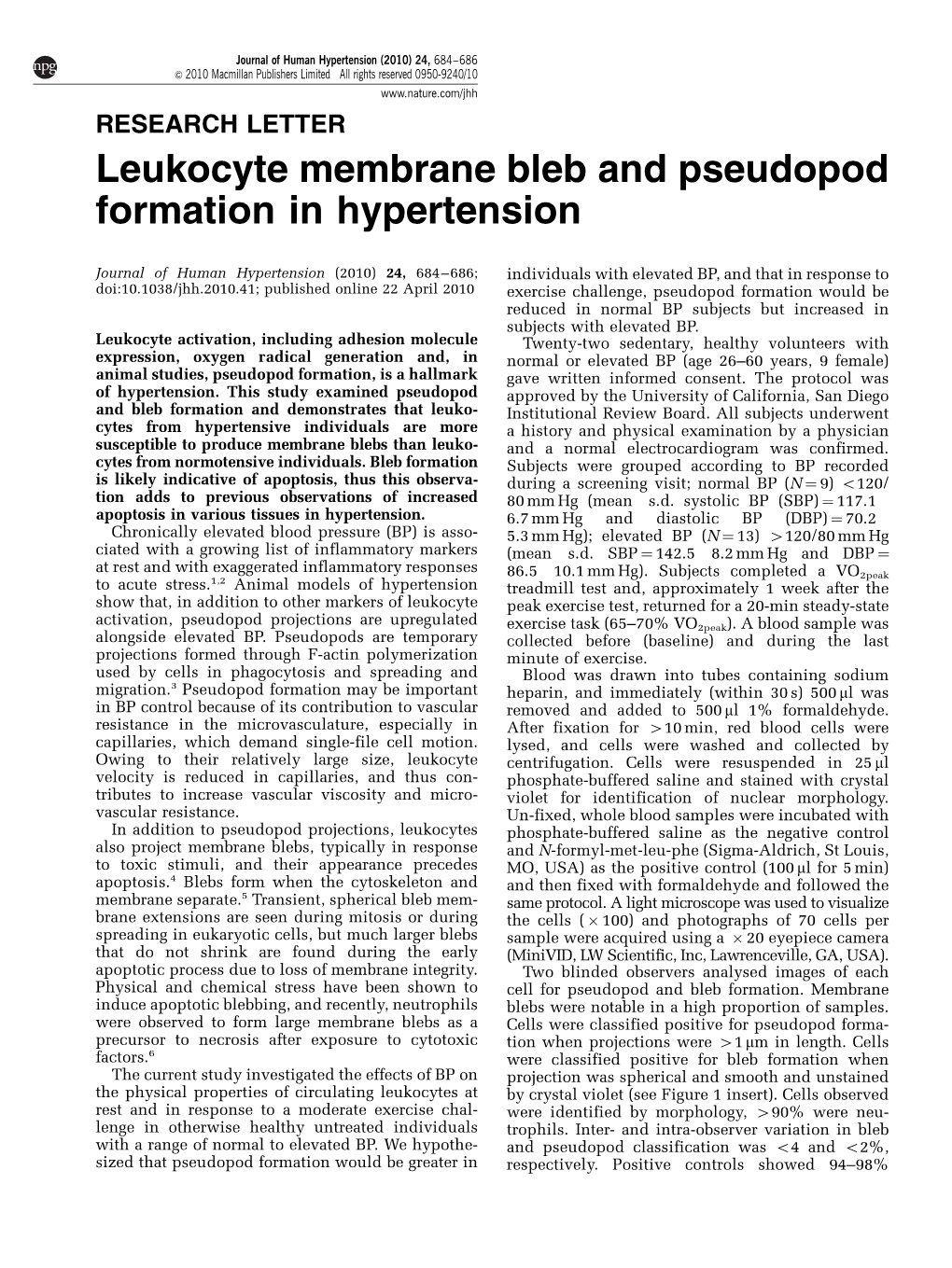 Leukocyte Membrane Bleb and Pseudopod Formation in Hypertension