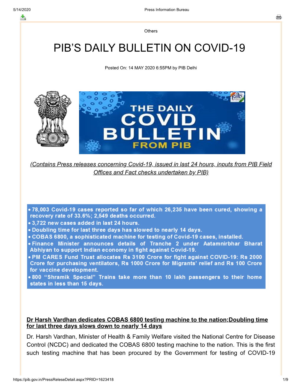 Pib's Daily Bulletin on Covid-19