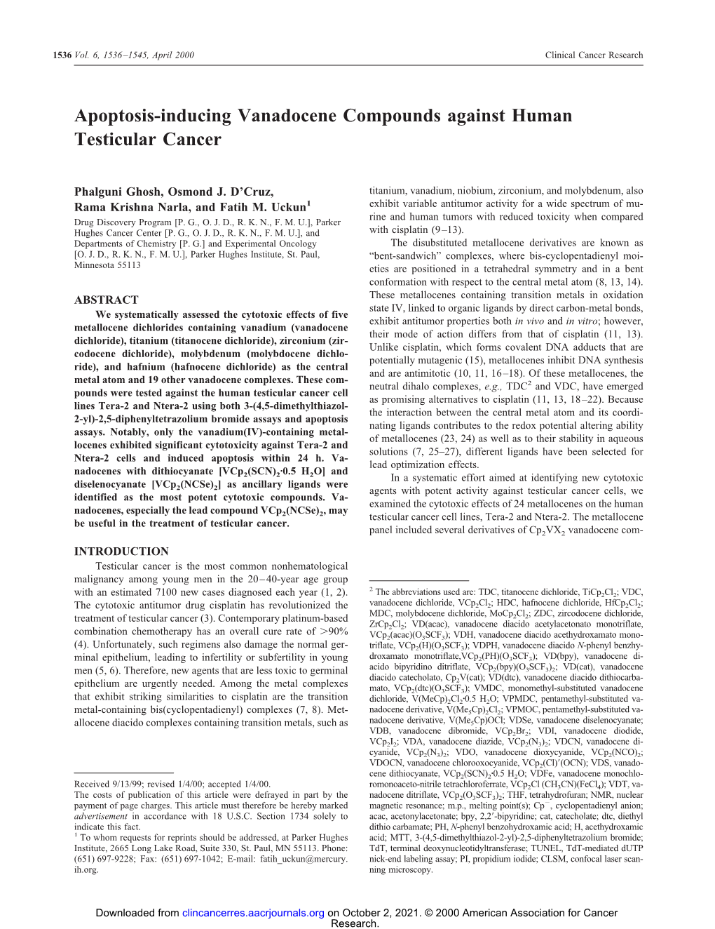 Apoptosis-Inducing Vanadocene Compounds Against Human Testicular Cancer