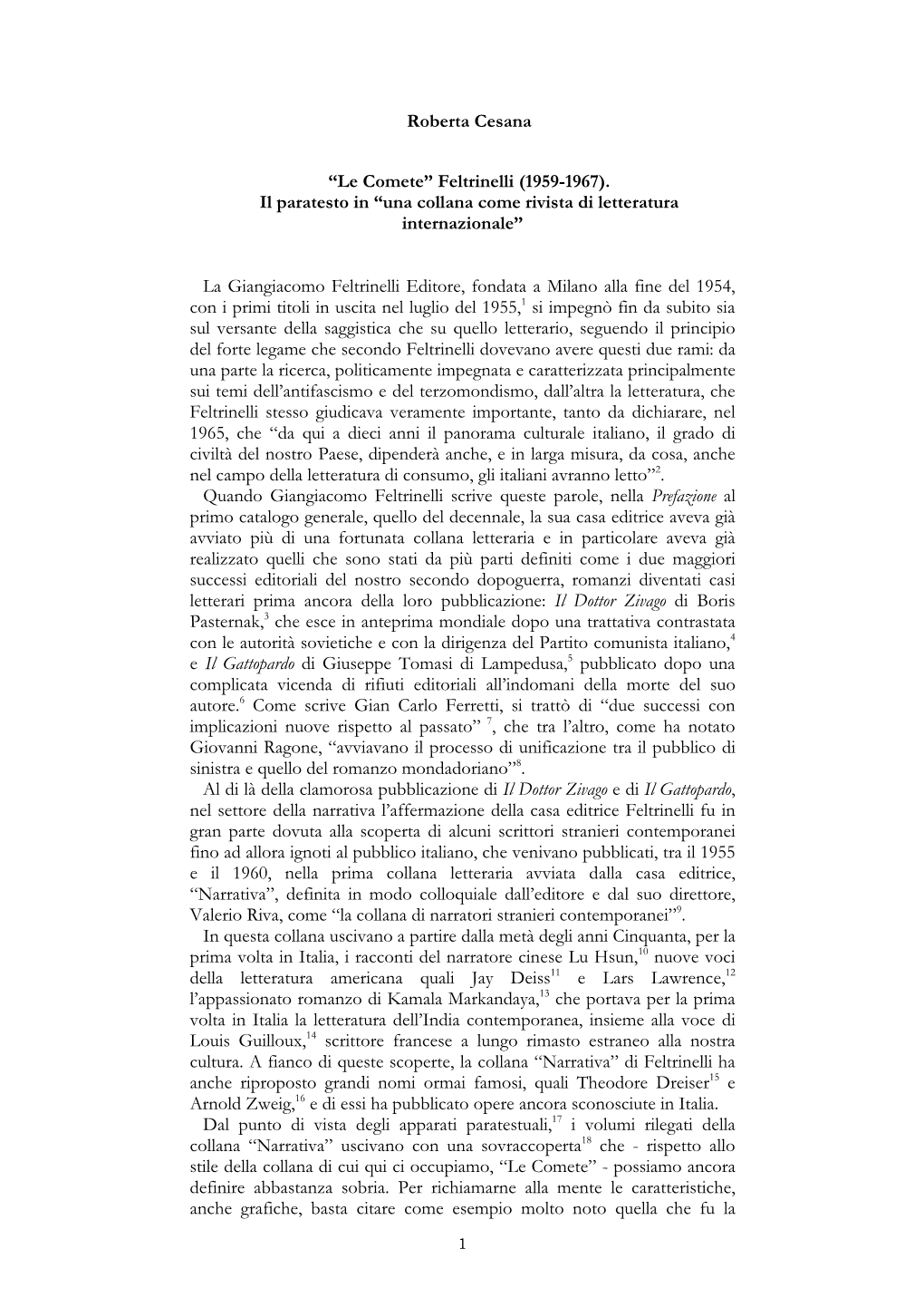 Feltrinelli (1959-1967). Il Paratesto in “Una Collana Come Rivista Di Letteratura Internazionale”