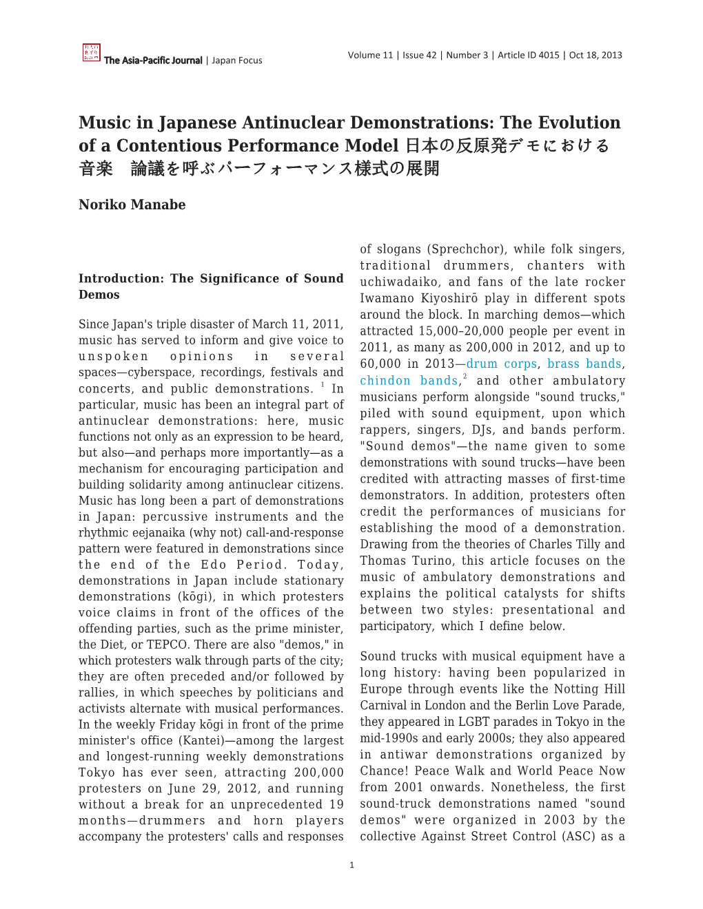 Music in Japanese Antinuclear Demonstrations: the Evolution of a Contentious Performance Model 日本の反原発デモにおける 音楽 論議を呼ぶパーフォーマンス様式の展開