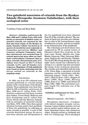 Two Galatheid Associates of Crinoids from the Ryukyu Islands (Decapoda: Anomura: Galatheidae), with Their Ecological Notes