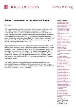 Select Committees in the House of Lords Table of Contents 1