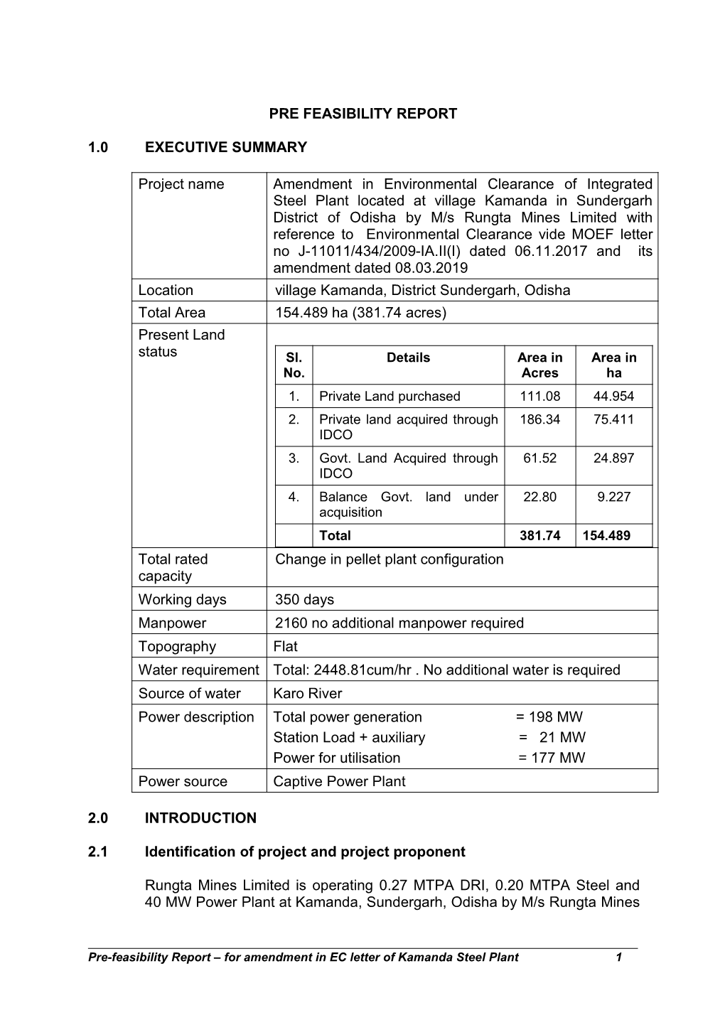 Pre Feasibility Report 1.0 Executive Summary