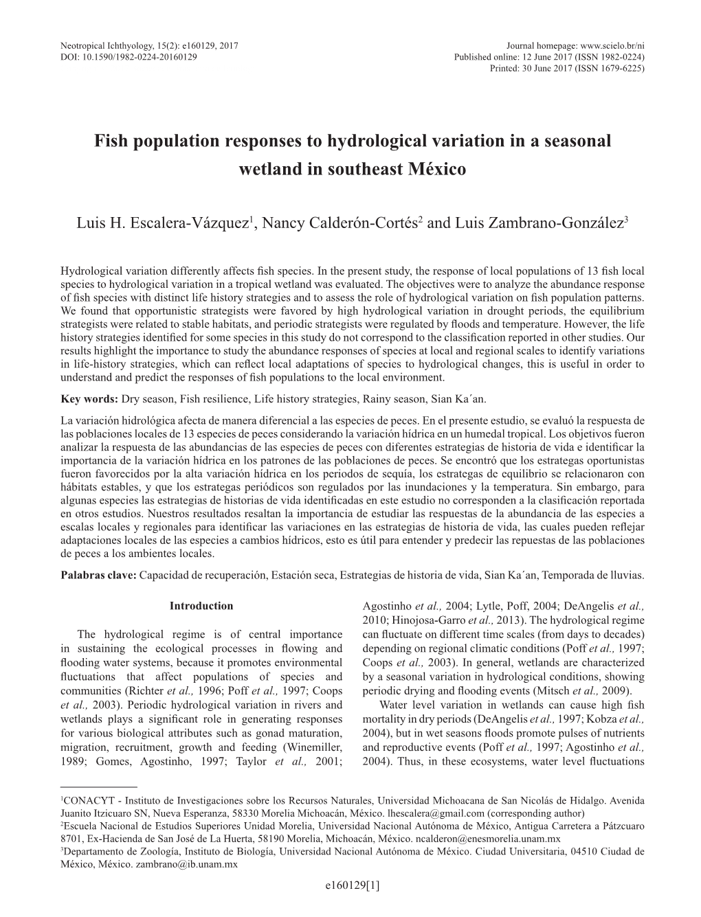 Fish Population Responses to Hydrological Variation in a Seasonal Wetland in Southeast México