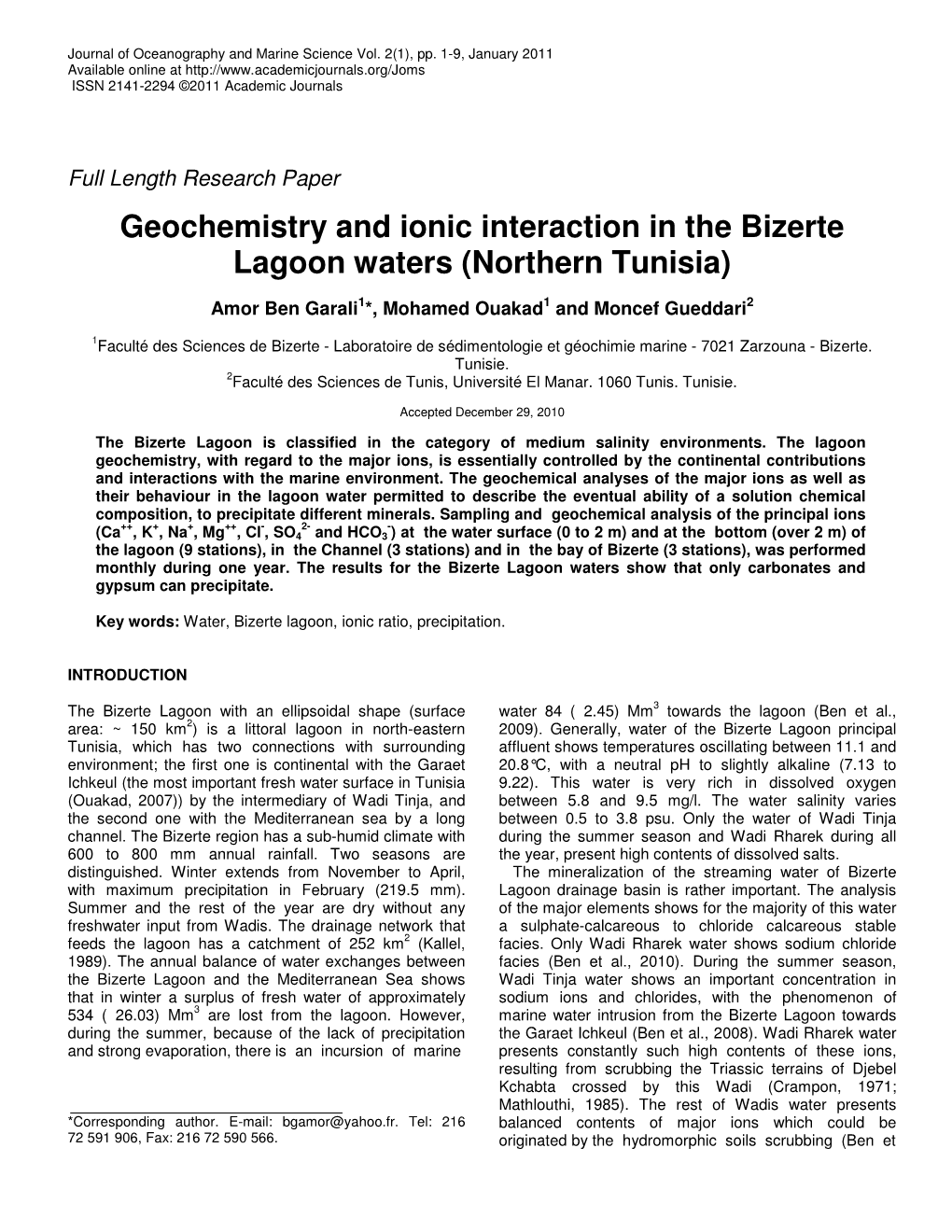 Geochemistry and Ionic Interaction in the Bizerte Lagoon Waters (Northern Tunisia)