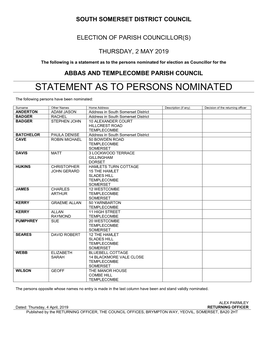 Statement As to Persons Nominated