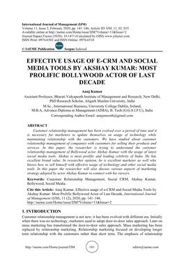 Effective Usage of E-Crm and Social Media Tools by Akshay Kumar: Most Prolific Bollywood Actor of Last Decade