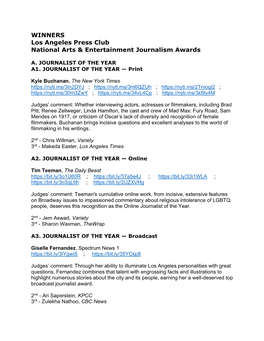 WINNERS Los Angeles Press Club National Arts & Entertainment Journalism Awards