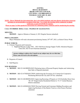 Agenda Regular Session Highland City Council City Hall, 1115 Broadway Tuesday, January 19, 2021 7:00 Pm