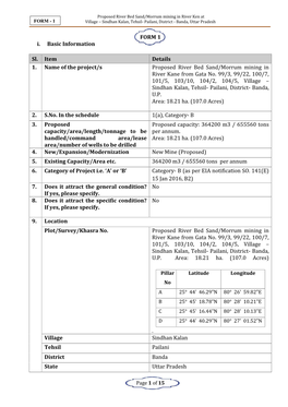 FORM 1 I. Basic Information Sl. Item Details 1. Name of the Project/S