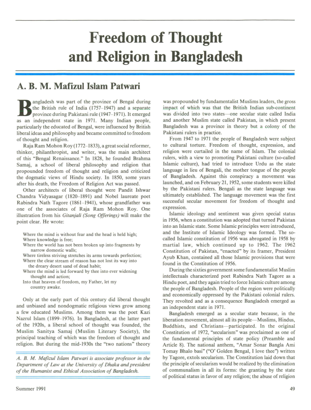 Freedom of Thought and Religion in Bangladesh