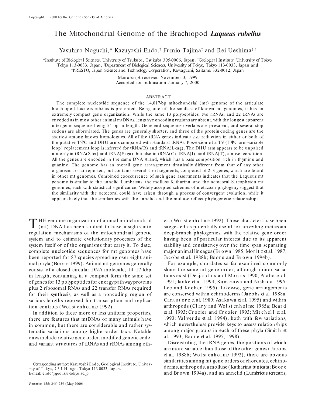 The Mitochondrial Genome of the Brachiopod Laqueus Rubellus