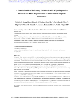 A Genetic Profile of Refractory Individuals with Major Depressive Disorder and Their Responsiveness to Transcranial Magnetic Stimulation