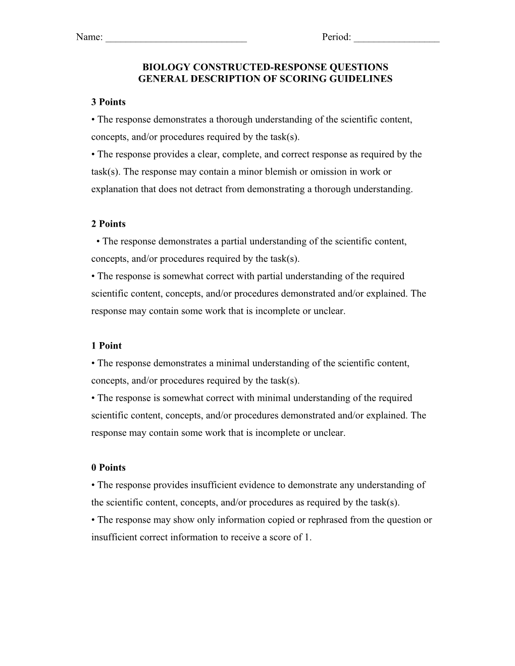 Biology Constructed-Response Questions