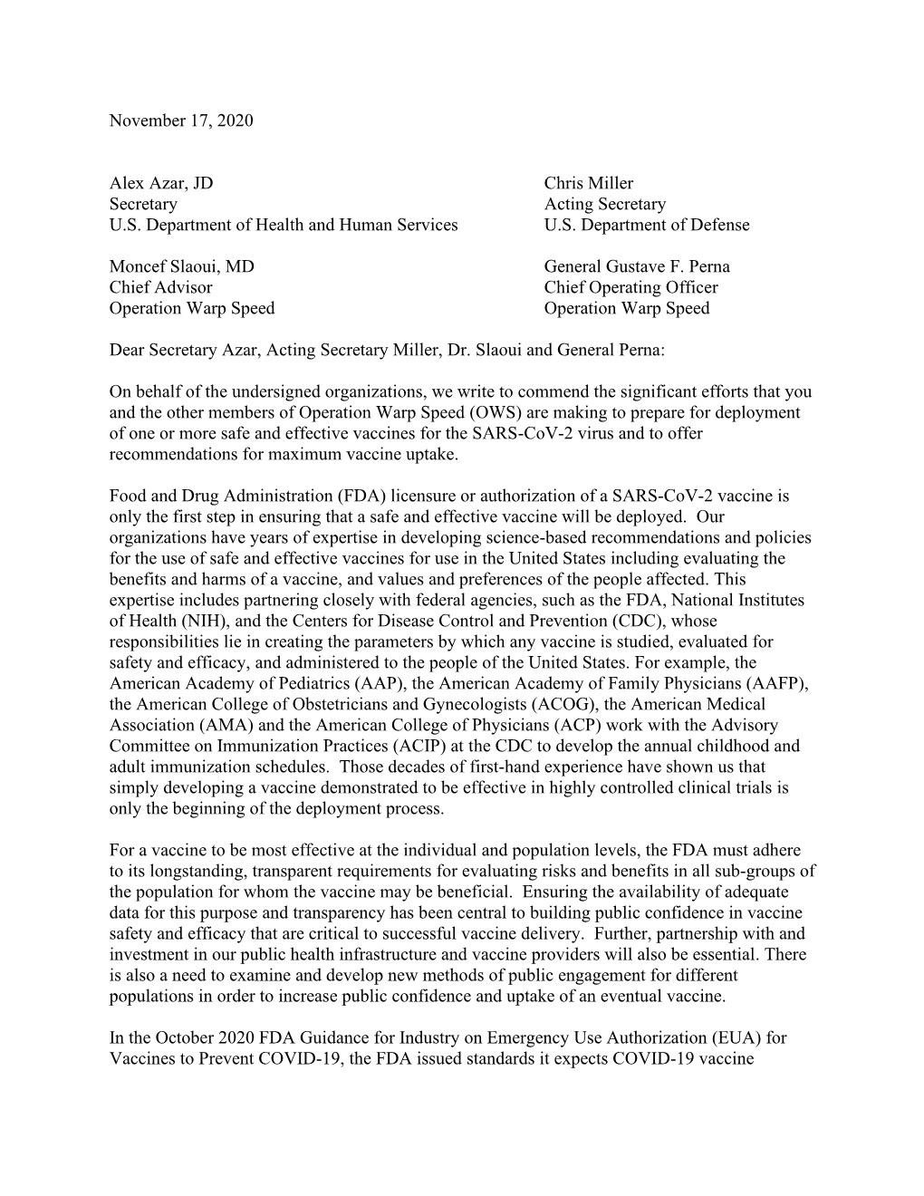Joint Letter Regarding Safe COVID Vaccines from Operation Warp Speed