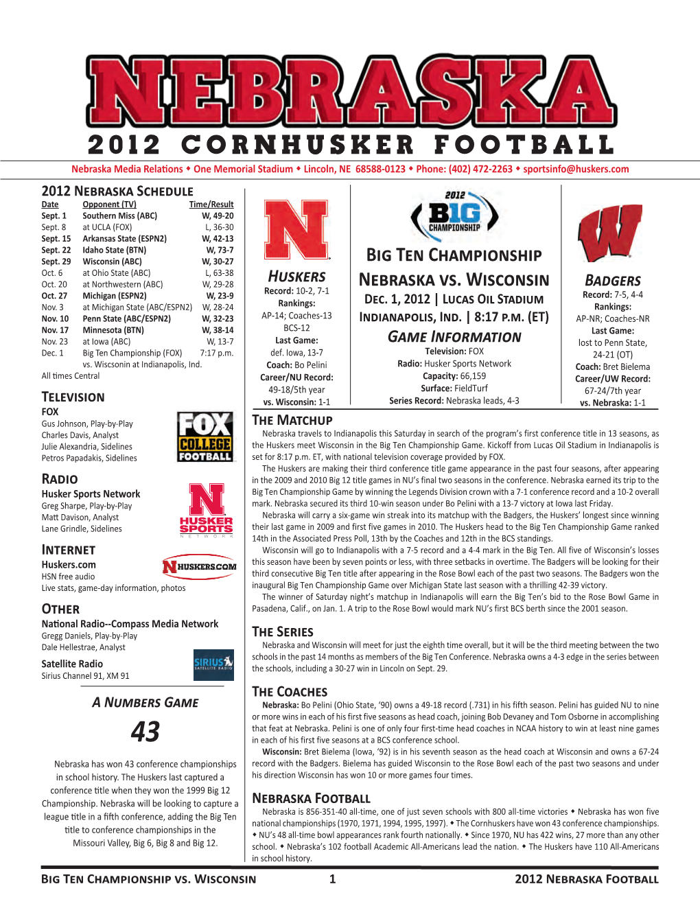 2 0 1 2 C O R N H U S K E R F O O T B a L L Big Ten Championship