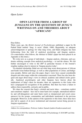 Open Letter from a Group of Jungians on the Question of Jung’S Writings on and Theories About ‘Africans’