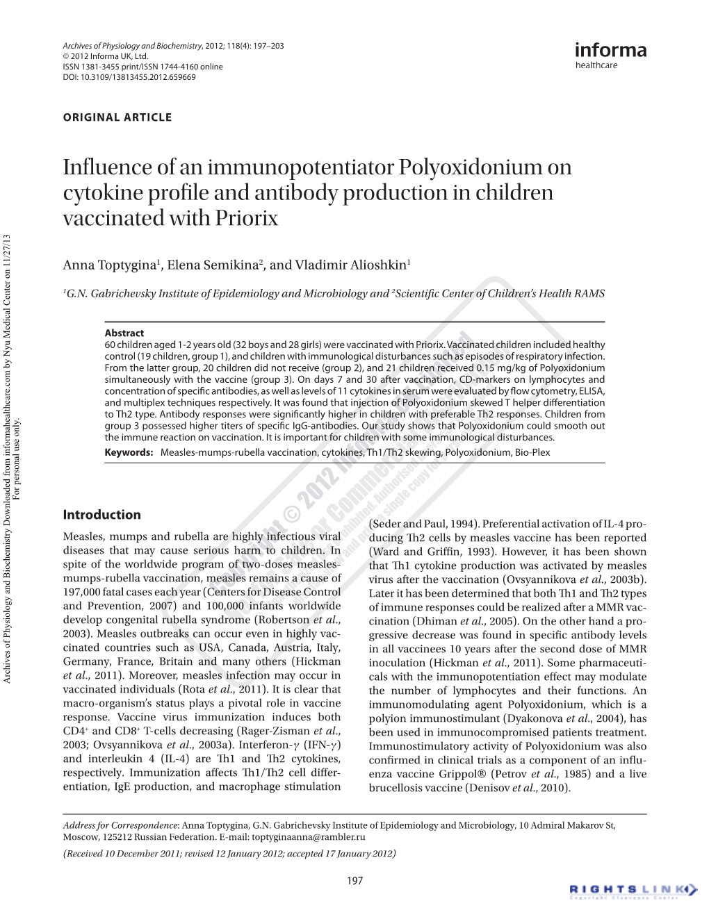 Influence of an Immunopotentiator Polyoxidonium on Cytokine Profile and Antibody Production in Children Vaccinated with Priorix
