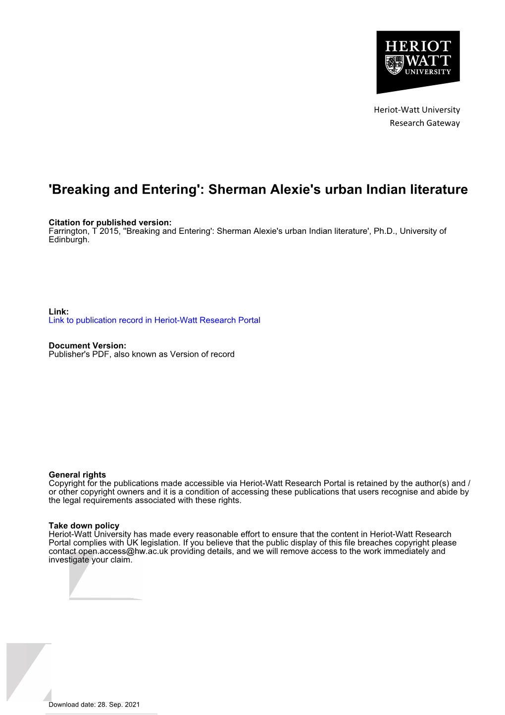 'Breaking and Entering': Sherman Alexie's Urban Indian Literature