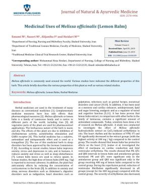 Heidari M, Et Al. Medicinal Uses of Melissa Officinalis (Lemon Balm). J Nat Copyright© Heidari M, Et Al