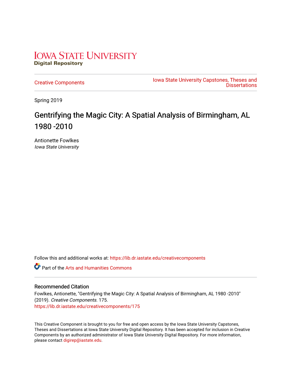 Gentrifying the Magic City: a Spatial Analysis of Birmingham, AL 1980 -2010