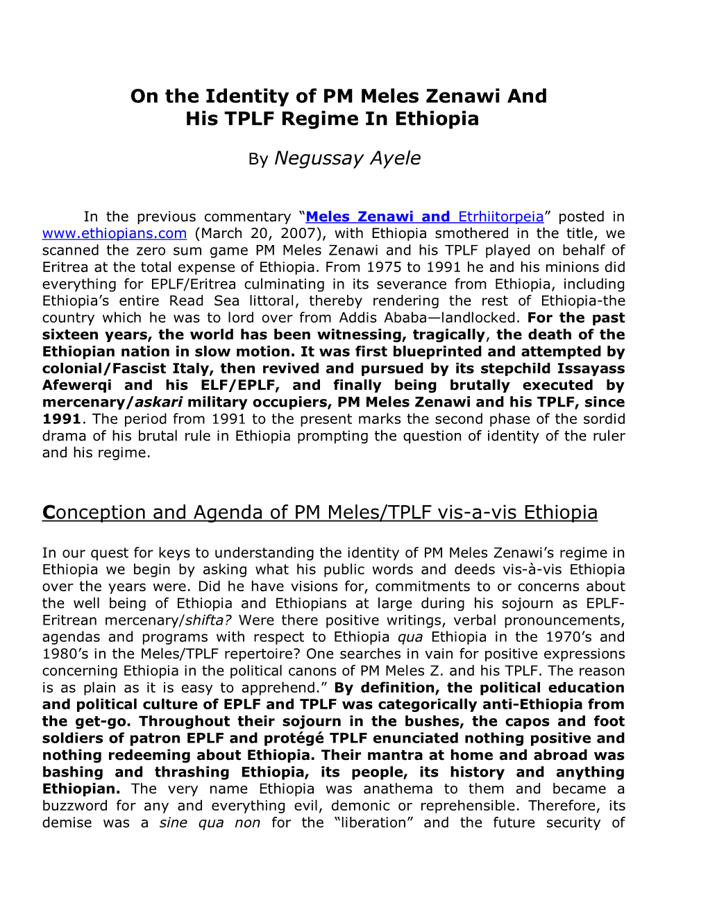 On the Identity of PM Meles Zenawi and His TPLF Regime in Ethiopia