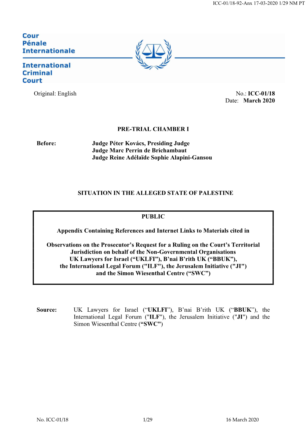 ICC-01/18 Date: March 2020 PRE-TRIAL CHAMBER I Before