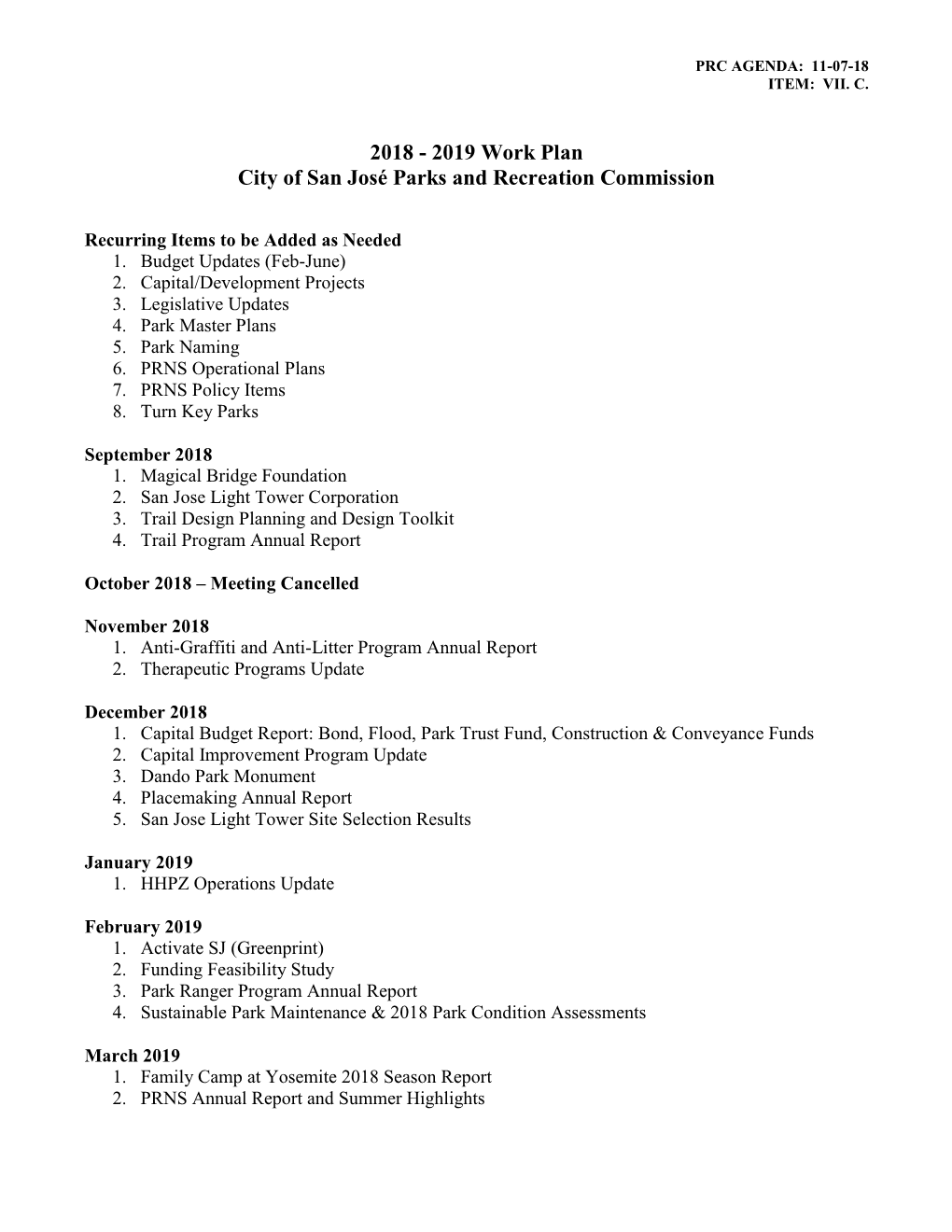 2019 Work Plan City of San José Parks and Recreation Commission