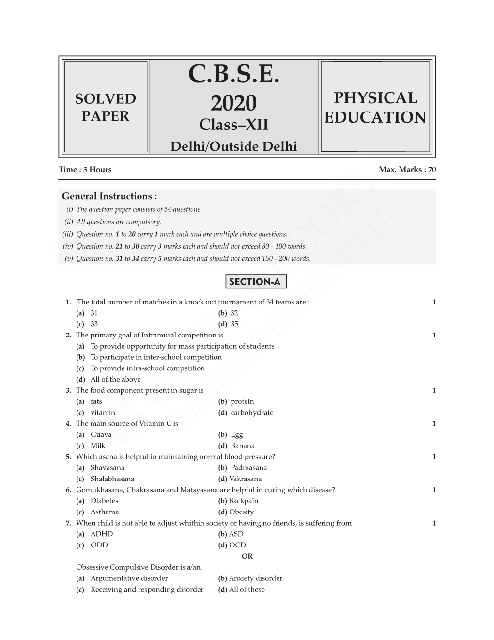 Oswaal CBSE Board Solved Paper 2020 Physical Education, Class