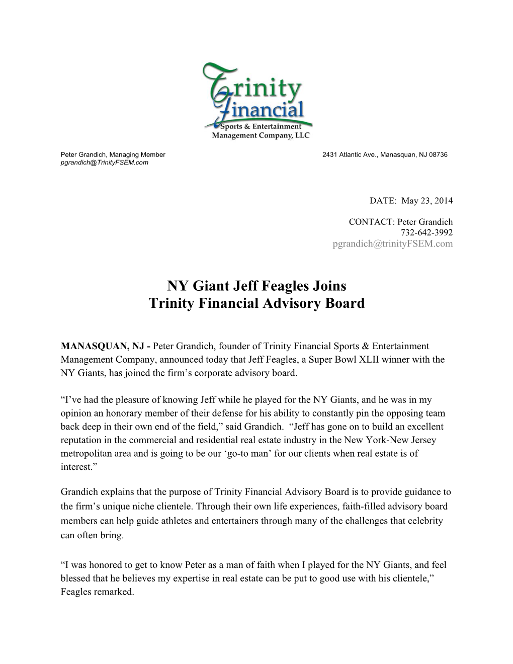 NY Giant Jeff Feagles Joins Trinity Financial Advisory Board