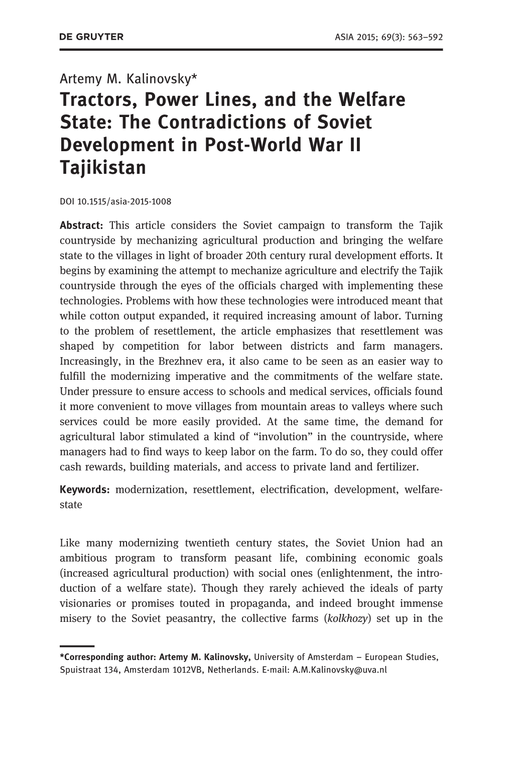 Tractors, Power Lines, and the Welfare State: the Contradictions of Soviet Development in Post-World War II Tajikistan