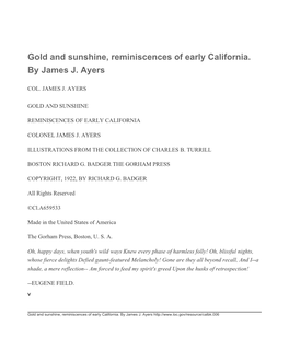 Gold and Sunshine, Reminiscences of Early California. by James J. Ayers