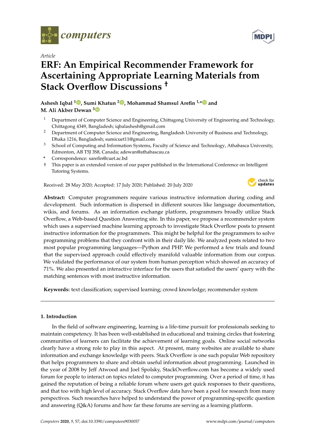 ERF: an Empirical Recommender Framework for Ascertaining Appropriate Learning Materials from Stack Overﬂow Discussions †