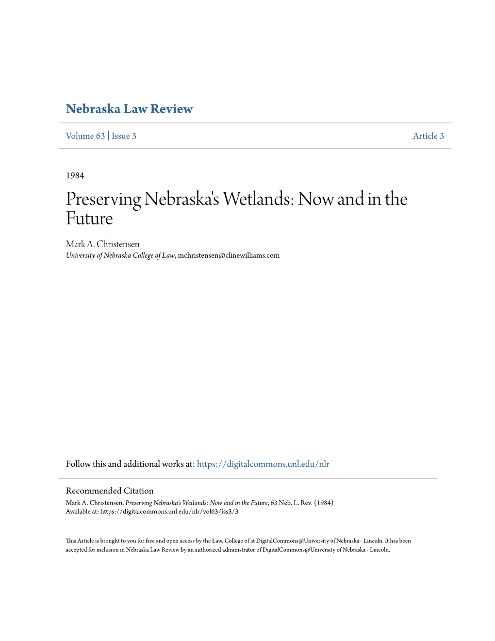 Preserving Nebraska's Wetlands: Now and in the Future Mark A