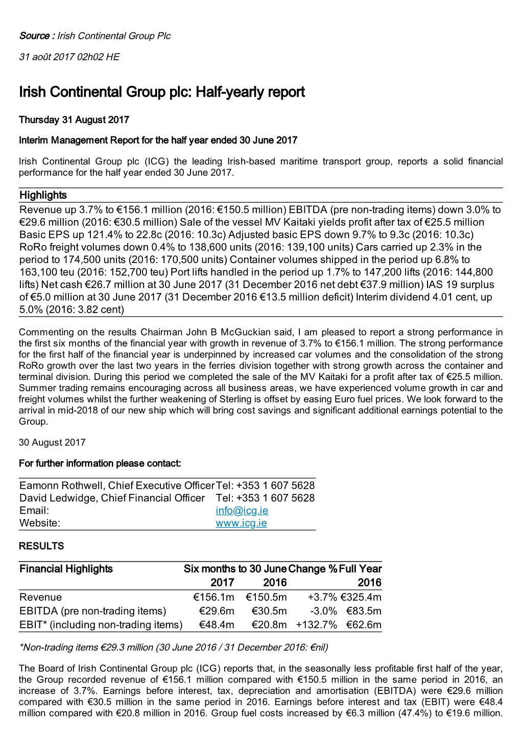 Irish Continental Group Plc: Half-Yearly Report