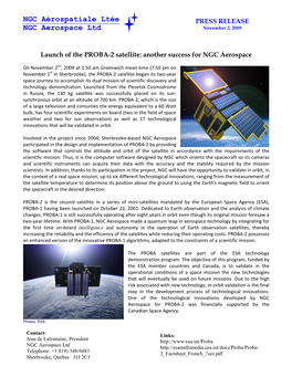 Launch of the PROBA-2 Satellite: Another Success for NGC Aerospace