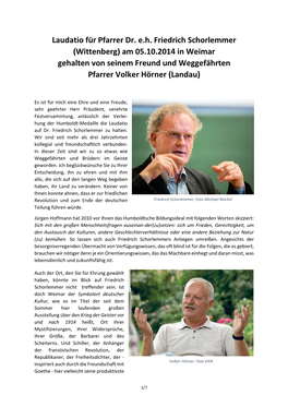 Friedrich Schorlemmer (Wittenberg) Am 05.10.2014 in Weimar Gehalten Von Seinem Freund Und Weggefährten Pfarrer Volker Hörner (Landau)