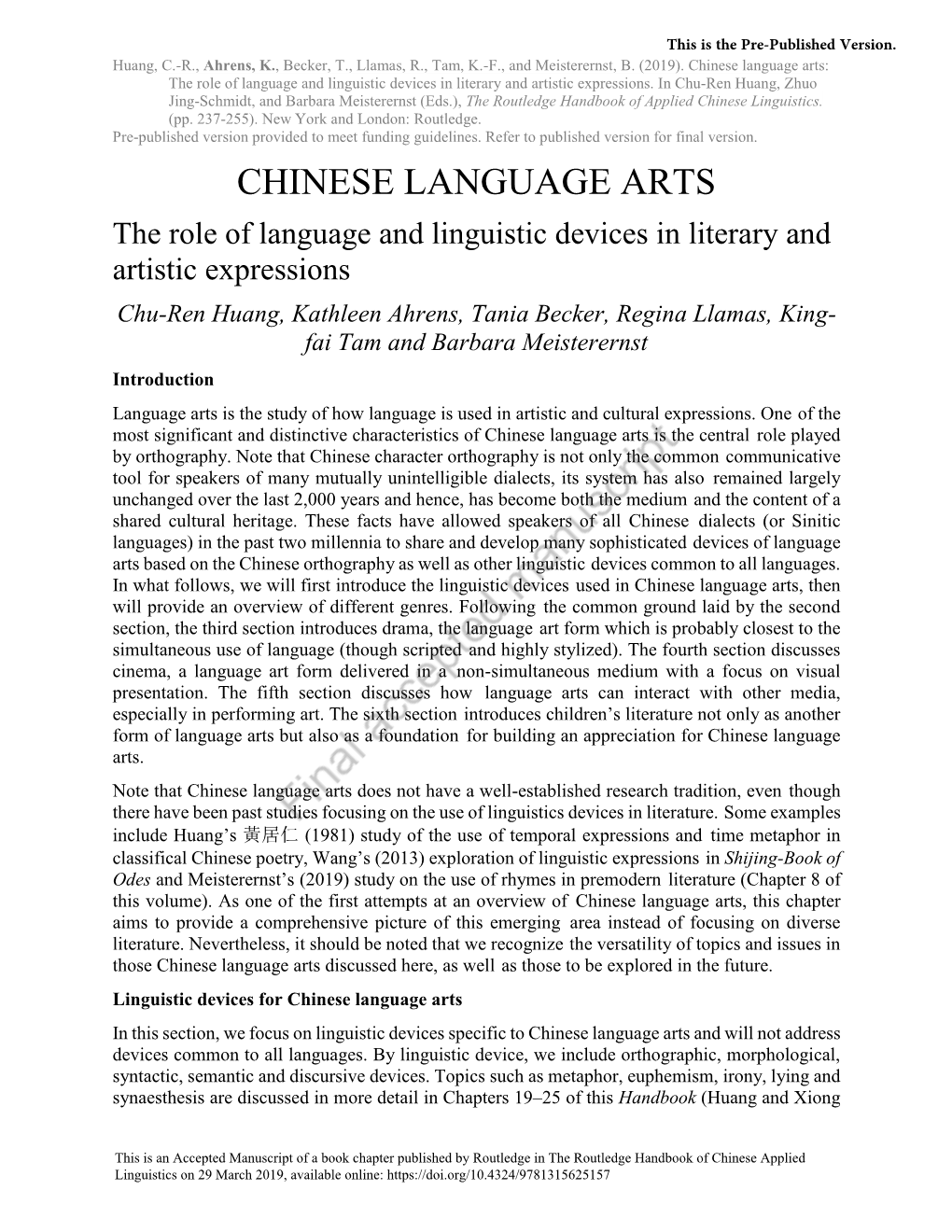 Chinese Language Arts: the Role of Language and Linguistic Devices in Literary and Artistic Expressions