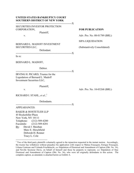 UNITED STATES BANKRUPTCY COURT SOUTHERN DISTRICT of NEW YORK ------X SECURITIES INVESTOR PROTECTION CORPORATION, for PUBLICATION Plaintiff, V