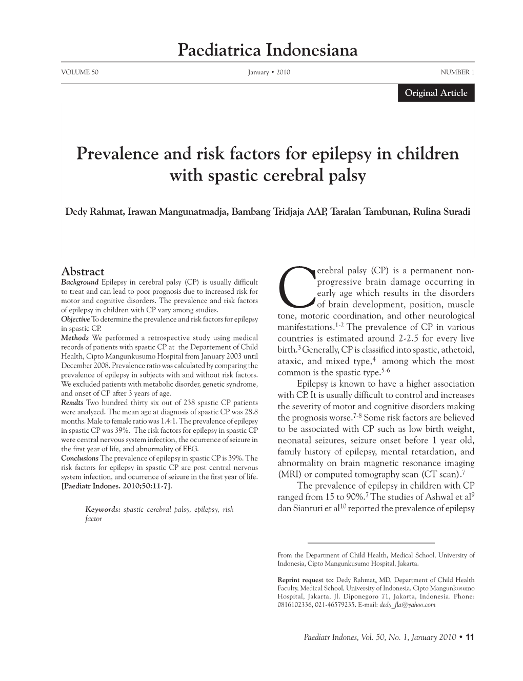 Paediatrica Indonesiana Prevalence and Risk Factors for Epilepsy In